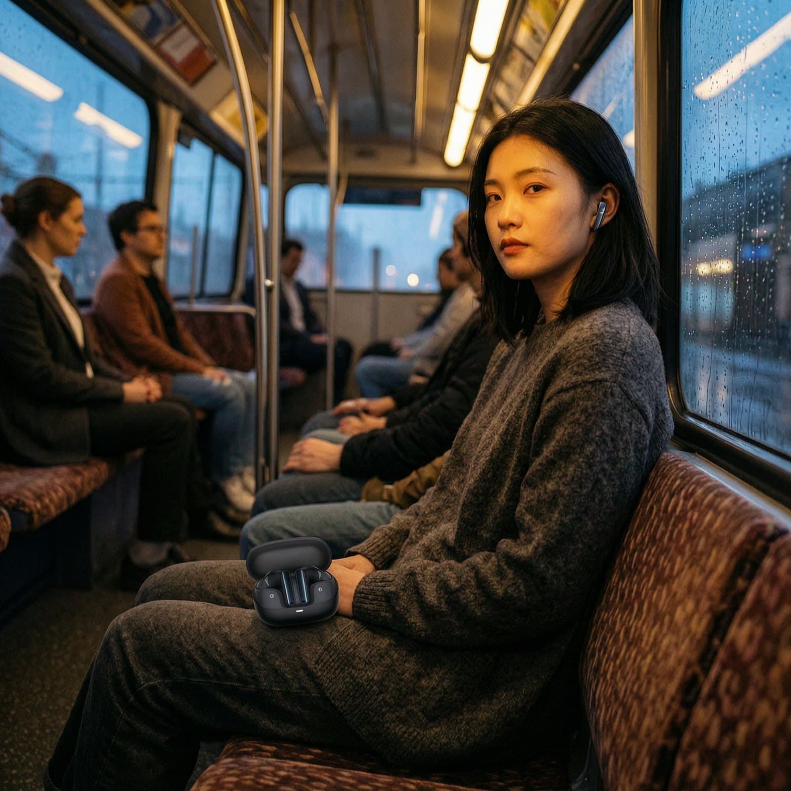 The Echo Buds Pro in a commuter's ear on a tram at dusk