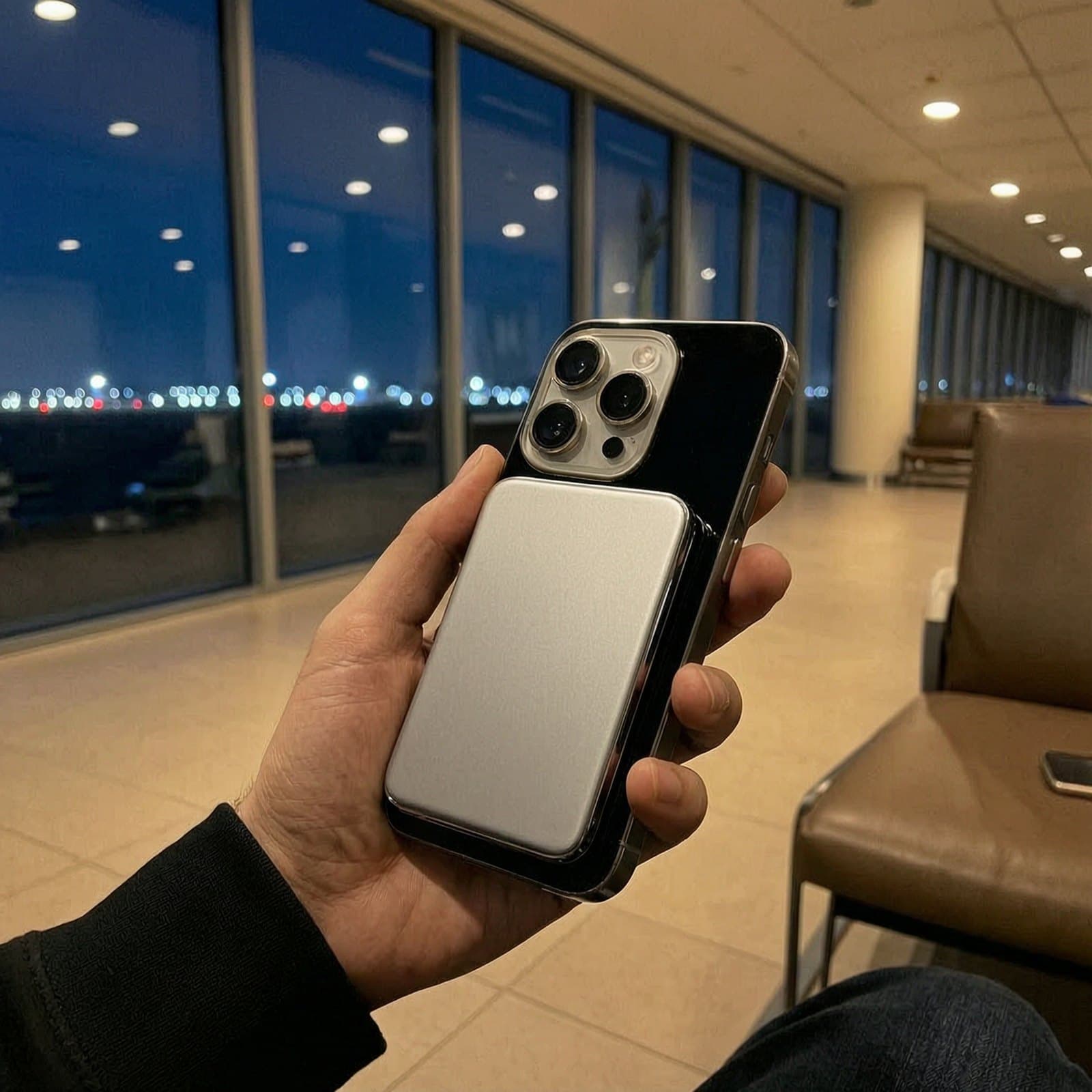 The Field Cell 10K snapped to a phone in an airport lounge at night